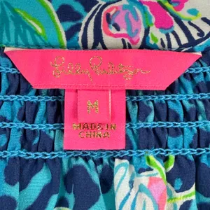 Lilly Pulitzer Elsa Blouse‎ Womens Medium Blue Silk Leopard Floral Smocked Top thumbnail 2