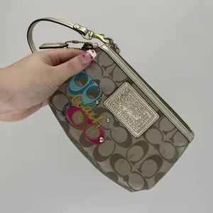 COACH Y2K Brown Logo Monogram Vibrant Graphic Studded Mini Wristlet Coin Wallet thumbnail 1