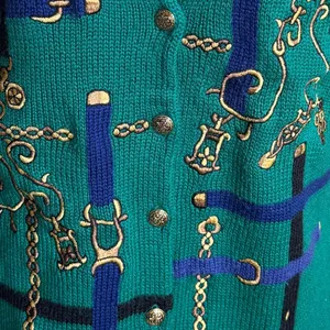 Vintage Equestrian Sweater Vest Green Gold Chain Print Horse Bit Buttons M‎ thumbnail 4