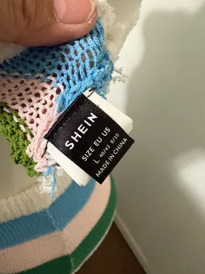 SheIn striped net crop top and skirt set in blue, pink and green thumbnail 3