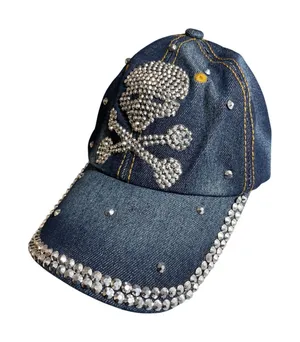 Women's Blue Rhinestone Bling Chambray Y2k Denim Jean Strapback Hat Cap OS thumbnail 1