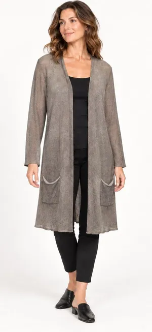 Gray 100% linen open front lightweight semi sheer duster cardigan sweater thumbnail 1