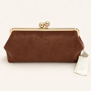 A New Day Brown Faux Suede Frame Clutch Gold Kiss Lock Crossbody Bag NEW thumbnail 4