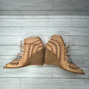 Jeffrey‎ Campbell Rodillo Cutout Leather Wedge Peep Toe Sandals Tan Womens 8 thumbnail 2