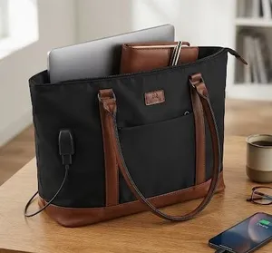 Relavel Laptop Tote Bag Black Nylon Brown Trim USB Charging Port Work Briefcase thumbnail 1