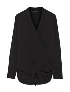 Theory Women 100% SILK Ilori Blouse Small Black Crepe de Chine Wrap Top Classic thumbnail 1