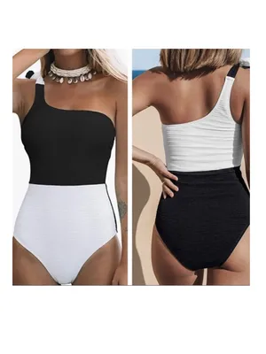 CUPSHE One Piece Swimsuit Color Block One Shoulder Bowknot Bathing Suit … thumbnail 2
