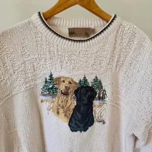 American Vintage Vintage Yellow Lab Black Lab Dog Woods Embroidered Chunky Textured Crewneck Sweater in Cream thumbnail 3