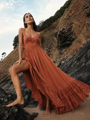 American Eagle Catie Corset Eyelet Midi Dress Terracotta L NWOT thumbnail 1