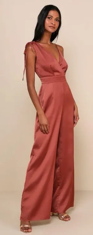 Lulu’s Look of Luxe Rusty Rose Satin Asymmetrical Wide-Leg Jumpsuit size XS thumbnail 3