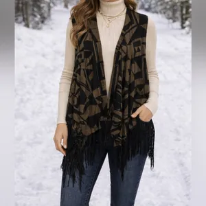 Westbound Geo Tassel Open Front Vest Cardigan | Boho Asymmetrical Layer (L) thumbnail 2