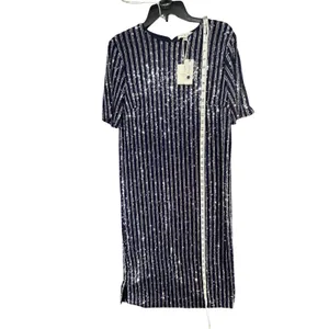 Anthropologie Flat White Sequin Stripe Midi Dress Womens M Blue Evening Cocktail thumbnail 10