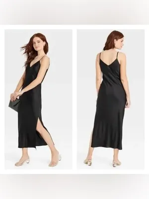 A NEW DAY Satin Cami V-Neck Sleeveless Midi Length Slip Dress in Black Size XL thumbnail 2