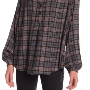 Free People Gray and Black Boxy Blouse with Mandarin Collar thumbnail 1