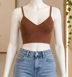 Brown Ribbed Crop Cami V Neck Spaghetti Strap Chocolate Fall M/L Size M thumbnail 1