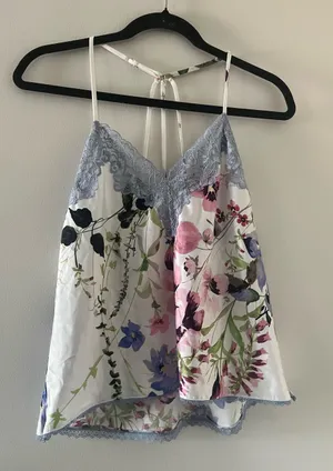White Pink Floral Satin Lace Cami Top Small Romantic Cottagecore Sleepwear thumbnail 1
