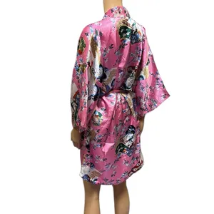 Pink Geisha Lotus Floral Satin Pocket Kimono Robe Tie Belt One Size Fits Most thumbnail 2