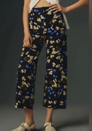 Anthropologie Maeve Colette Cropped Wide Leg Pants in Black & Blue Floral thumbnail 1