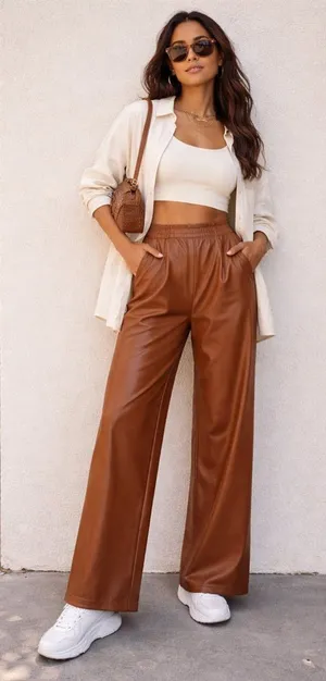 OFFLINE by Aerie Women’s Faux Leather Wide Leg Pull-On Pants Tan Brown Sz S NWT thumbnail 1