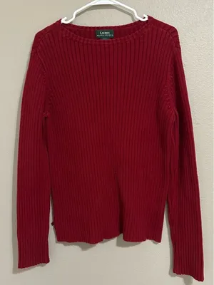 Ralph Lauren Vintage Red 100% Cotton Ribbed Knit Pullover Sweater Women Sz Large thumbnail 1