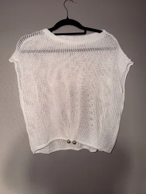 White Open Knit Cropped Sweater Top w/ Pearl Detail thumbnail 2