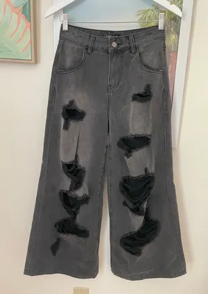 Dolls Kill Widow Sinful Attitude Wide Leg Jeans Pants in Distressed Grey Black thumbnail 1