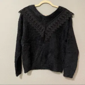En Crème Black V Neck Lace Collar Fuzzy Sweater Womens S Whimsigoth Witchy thumbnail 9
