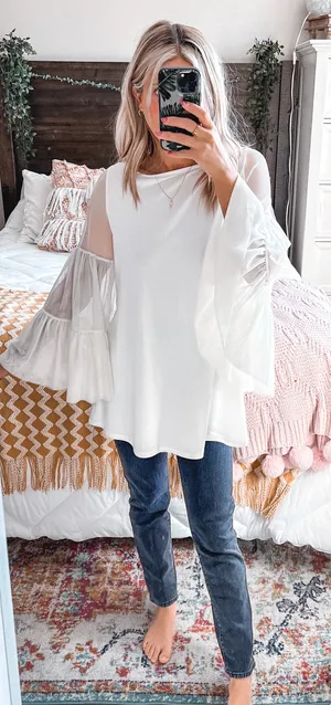 Dillard's White Longsleeve With Flowy Mesh Sleeves thumbnail 1