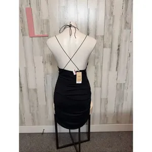 Black Ruched Bodycon Mini Dress Halter Neck Tie Back Stretchy Party Dress Size L thumbnail 7