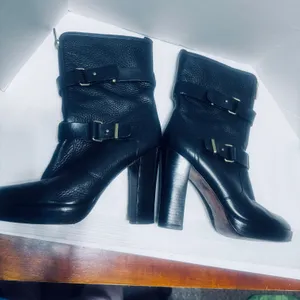 Coach Black Pebbled Leather Moto Boots Double Buckle Platform Block Heel Sz 10B thumbnail 6