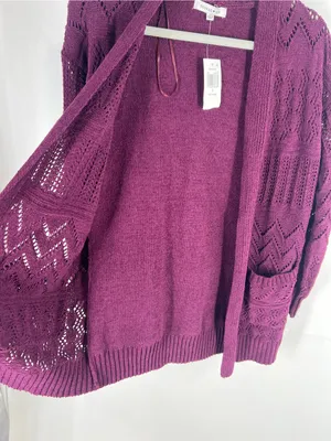 Hooked Up Cozy Cardi Winter Bloom Purple Pointelle Open Front Cardigan S NWT thumbnail 7