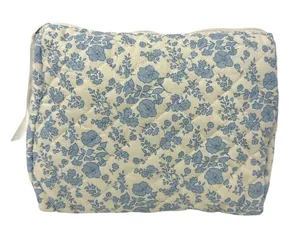 Floral Quilted Cosmetic Bag Blue & Cream Makeup Pouch, Travel Toiletry Zipper thumbnail 1