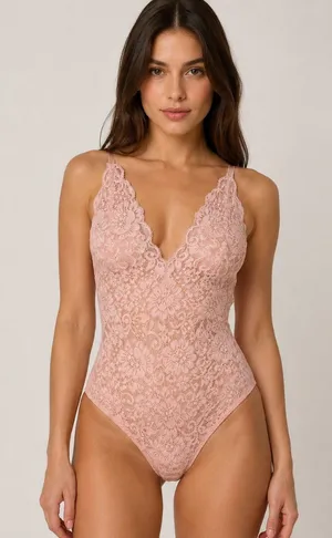 We are HAH Free People Pink Sheer Scalloped Lace Plunge Bodysuit Coquette Ballet thumbnail 1