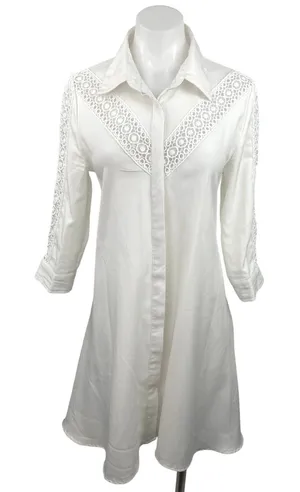 Glamorous White Button Down Lace Crochet Trim 3/4 Sleeve Midi Shirt Dress Sz 12 thumbnail 1