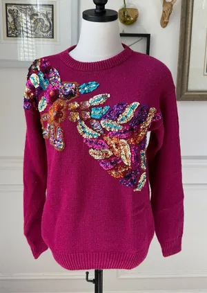 Vintage Western Connection Bedazzled Bling Sequin Sweater Magenta S thumbnail 1