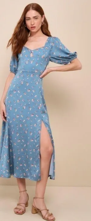LULUS Floral Chic Retro Satin Flowers Flowy Midi Dress NWT thumbnail 1