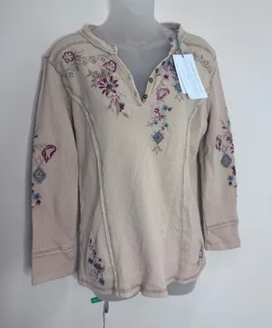 Anthropologie Caite NWT Cream Embroidered Henley Long-Sleeve Top Small thumbnail 1