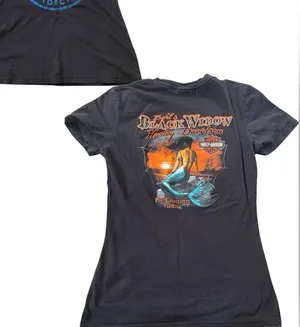 Harley Davidson Black Widow Florida Mermaid Graphic Moto Biker Grunge Tee Shirt thumbnail 1