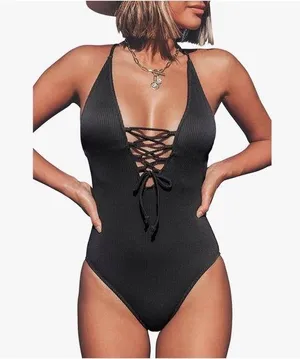 CUPSHE Black Ribbed V-neck lace up one piece swimsuit small NEW thumbnail 1