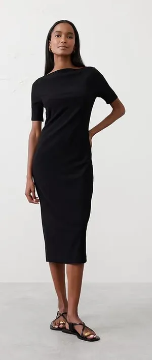 NWT Banana Republic Black Crinkle Knit Boat Neck Midi Dress Women's Size Small thumbnail 1