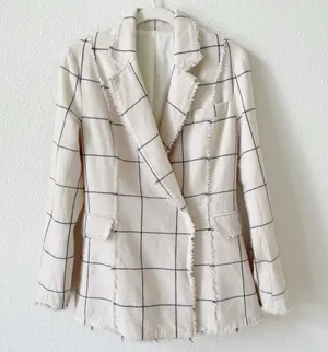 Wool Cashmere Windowpane Plaid Blazer Cream Black Size XS? Luxury Neutral thumbnail 1
