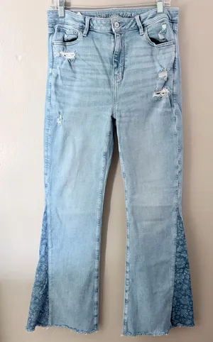 American Eagle Super Hi-Rise Flare Jeans Distressed Patchwork Size 10 Regular thumbnail 1