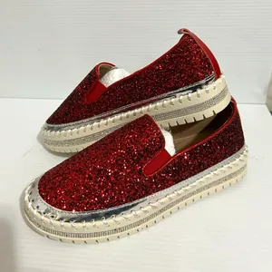 Women’s Red Glitter Slip-On Flats Silver Trim Round Toe Rubber Sole US 9 thumbnail 1