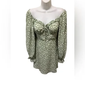 Princess Polly Love Birds Mini Milkmaid Dress Sz 6 Floral Puff Sleeve Green thumbnail 2