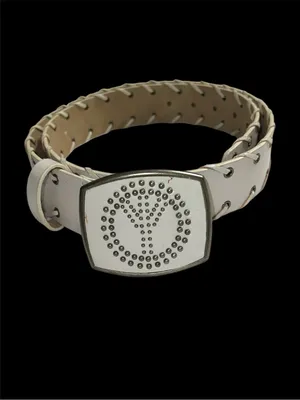 Groovy 70’s off white faux leather belt with awesome metal peace sign buckle! thumbnail 3
