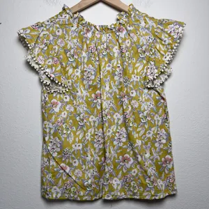 THML Women Cotton Top‎ XS Yellow Floral Ruffle Preppy Garden Party Spring thumbnail 3
