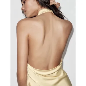 Zara Light Yellow Halter Top Satin Effect Asymmetrical Summer Festival Flowy thumbnail 2