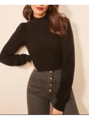 Reformation Black Mock Neck Long Puff Sleeve Cropped Sweater Super Soft Small thumbnail 1