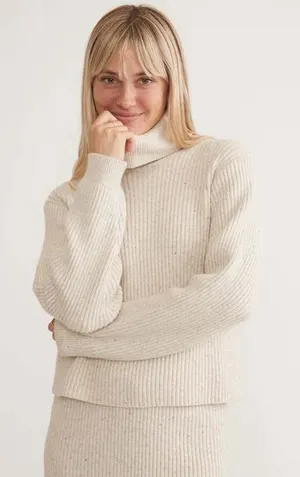 Marine Layer Womens Isla Knit Turtleneck Sweater S Cream Ribbed Donegal‎ Speckle thumbnail 1