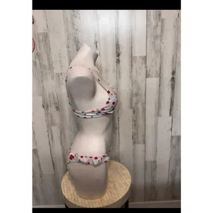 Cherry Print Bikini Set Women's Two Piece Ruffle Bottoms Adjustable Straps Size White thumbnail 6